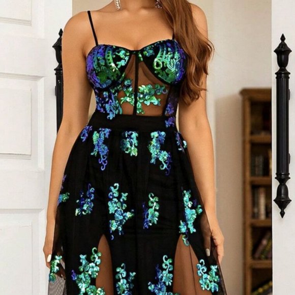 Floral Sequin Mesh Overlay Cami Party Dress - Picture 6 of 6